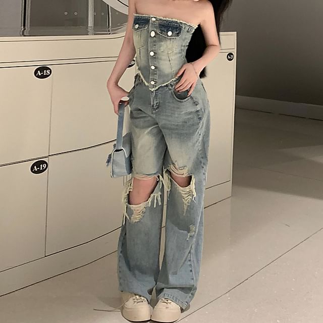 / Top Washed Rise Fit Denim Frayed Tube Button-Up Crop Jeans High Loose Ripped