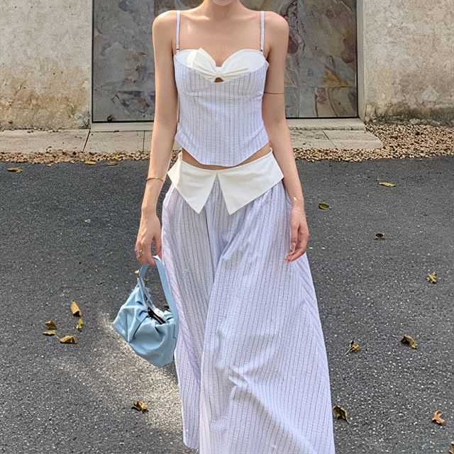 / Maxi Waist Cutout Skirt Mock Two-Piece Neckline A-Line Striped Camisole High Top Sweetheart Crop