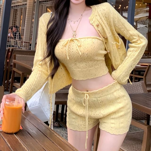 Perforated / Pants Drawstring Cardigan Hot Tube Waist Speckle Top Crop Front Knit Tie