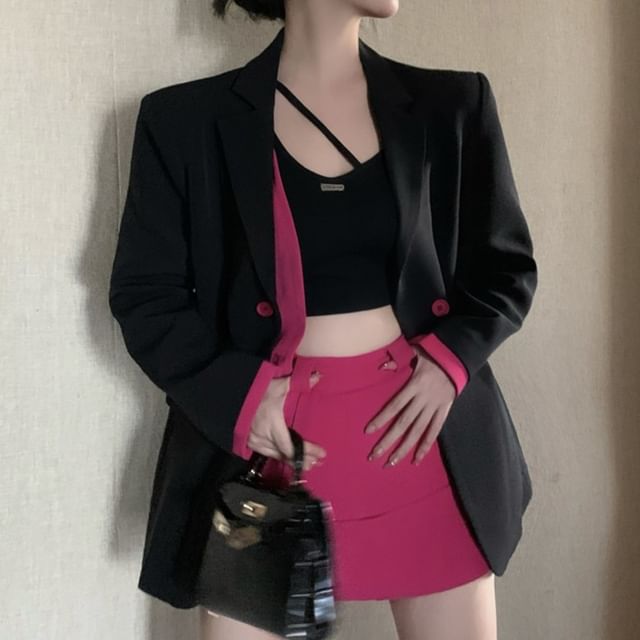 Mock Lapel High Designs) Pencil Tone Skirt Plain Blazer Mini (Various Notch / Two-Piece Two Waist
