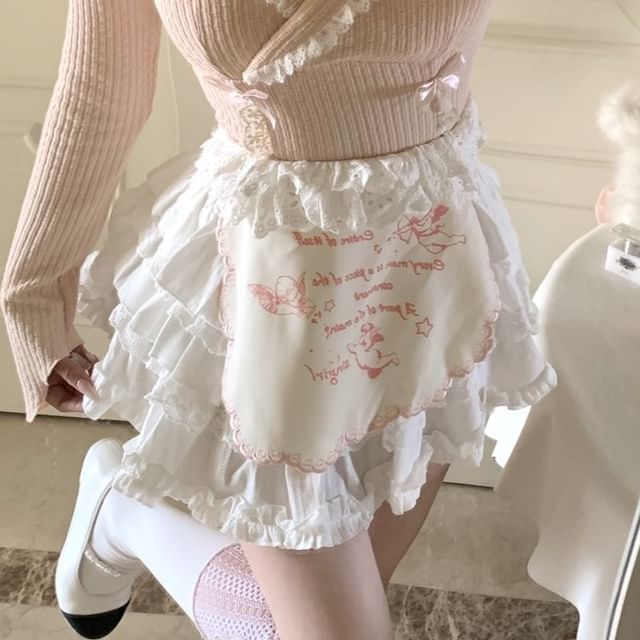 Trim Crop Halter Long-Sleeve / Bow High Lace Set Half Accent Knit Rise A-Line Top Neck Plain Mini Tiered Two-Piece Mock Apron Skirt