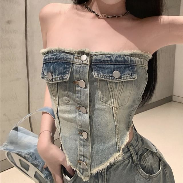 / Top Washed Rise Fit Denim Frayed Tube Button-Up Crop Jeans High Loose Ripped