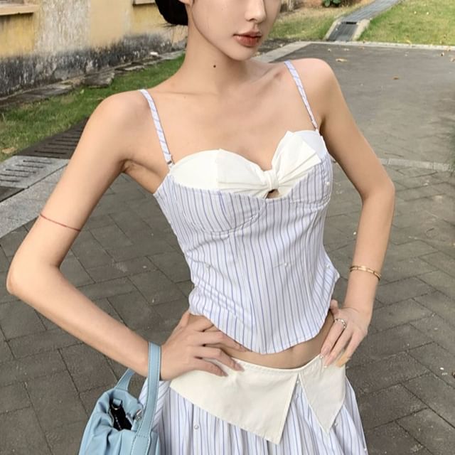 / Maxi Waist Cutout Skirt Mock Two-Piece Neckline A-Line Striped Camisole High Top Sweetheart Crop