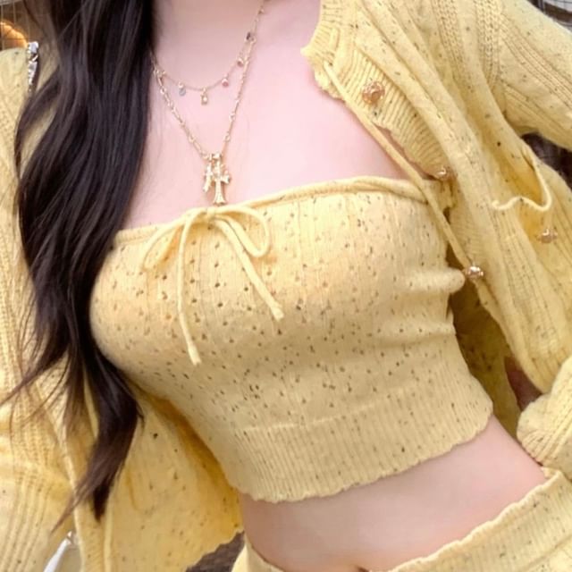 Perforated / Pants Drawstring Cardigan Hot Tube Waist Speckle Top Crop Front Knit Tie