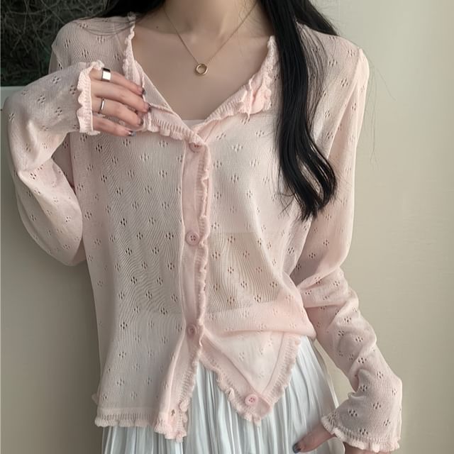 Knit Pointelle Lettuce Plain Cardigan Edge