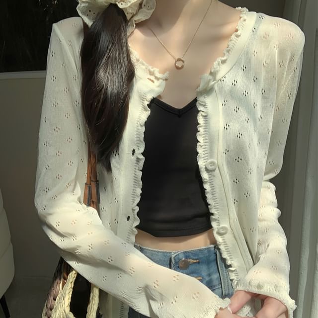 Knit Pointelle Lettuce Plain Cardigan Edge