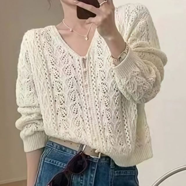 Cardigan Faux Pearl Button V-Neck Pointelle Knit Plain