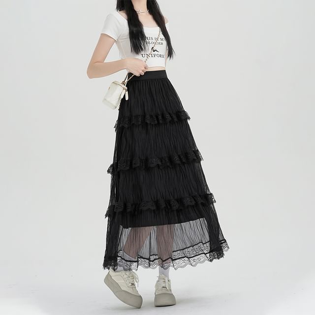 Midi A-Line Tiered Waist High Lace Skirt Plain