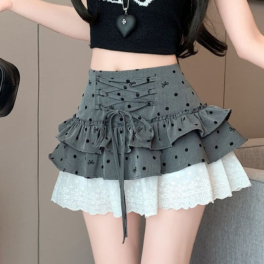 Waist Panel Bow Tiered A-Line High Mini Skirt Dotted Lace
