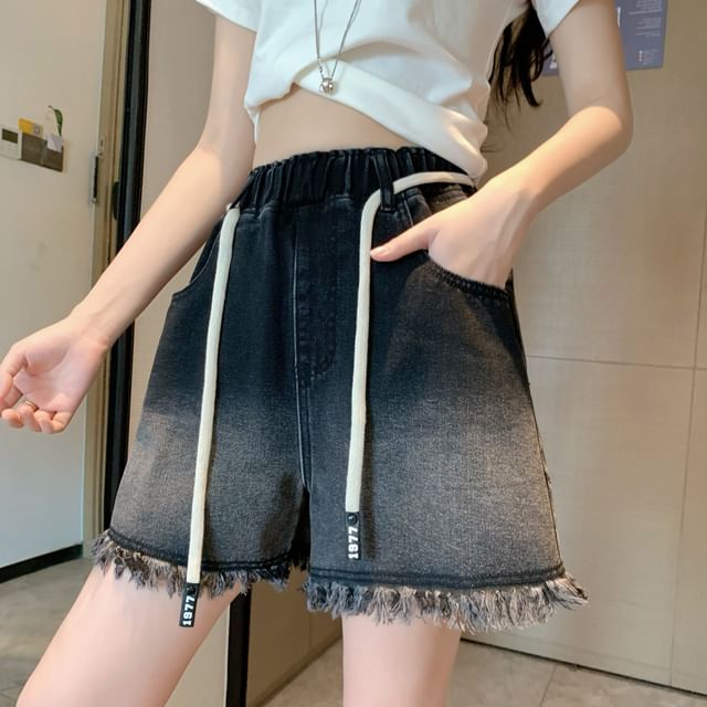 Washed Drawstring Fringed Shorts Waist Denim