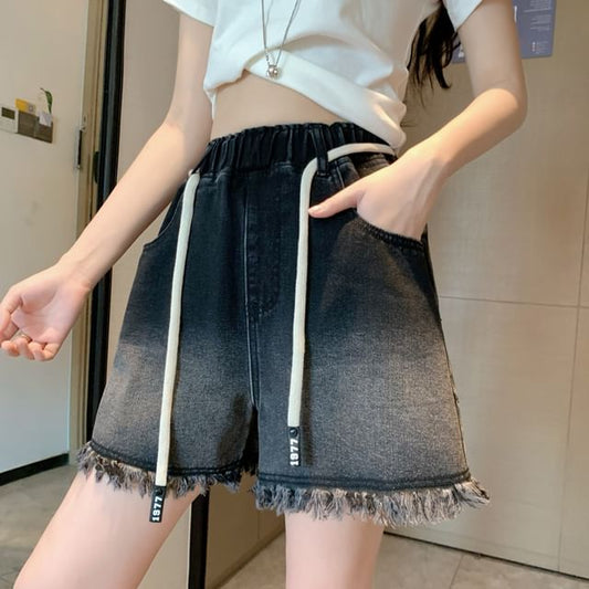 Washed Drawstring Fringed Shorts Waist Denim