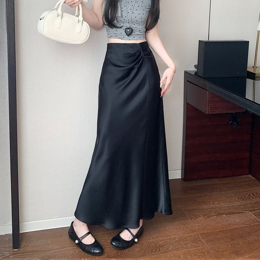 Midi Skirt High Ruched A-Line Waist Plain