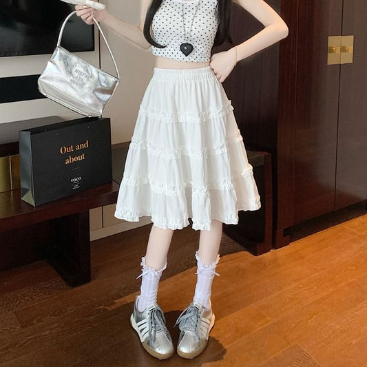 Ruffle Skirt Elastic Tiered Trim Plain A-Line Waist