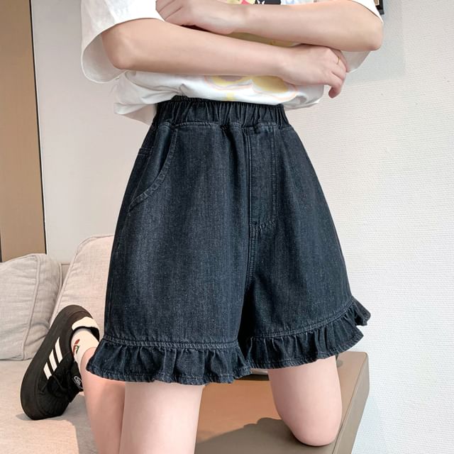 Ruffle Shorts Trim Elastic Denim Waist