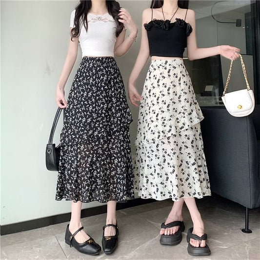 High Tiered A-Line Floral Midi Slit Skirt Rise