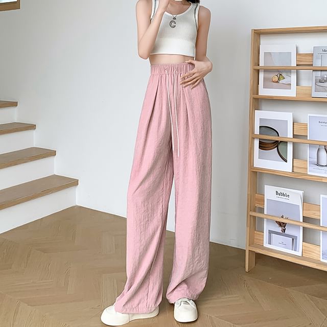 Drawstring Plain Pants Waist Wide Leg