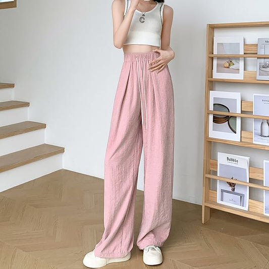 Drawstring Plain Pants Waist Wide Leg