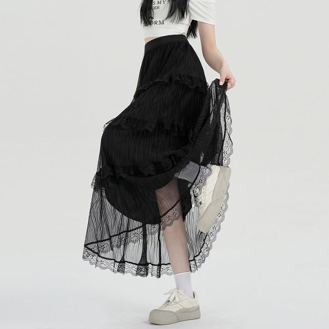 Midi A-Line Tiered Waist High Lace Skirt Plain