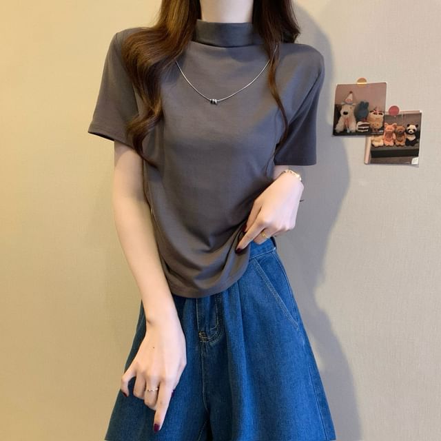 Top Ruched Short-Sleeve Knit Mock Plain Neck