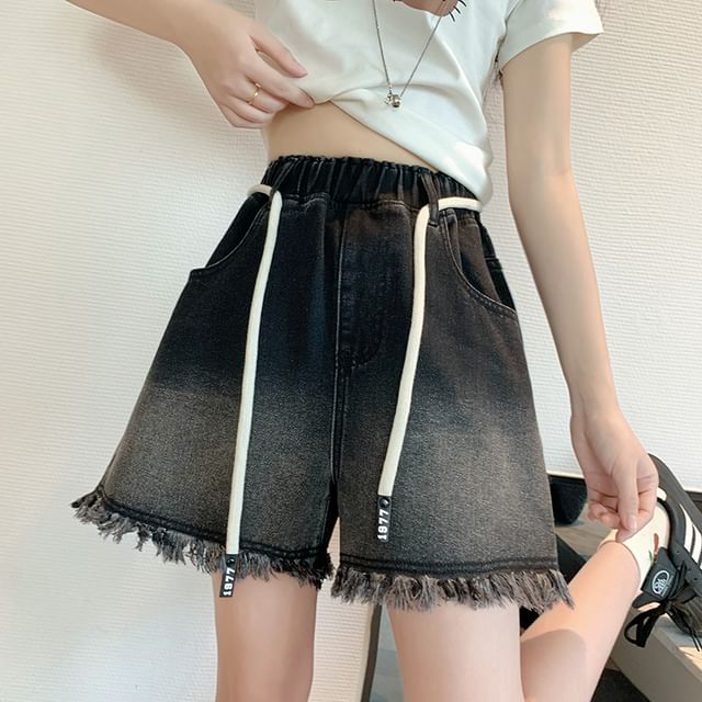Washed Drawstring Fringed Shorts Waist Denim