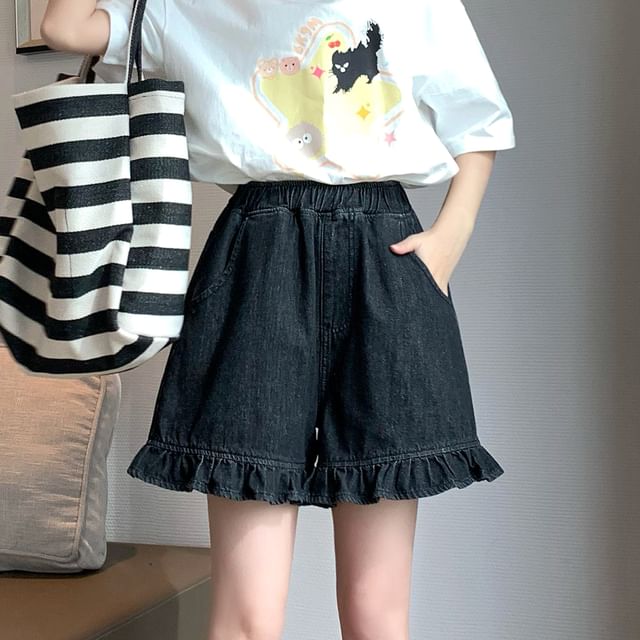 Ruffle Shorts Trim Elastic Denim Waist