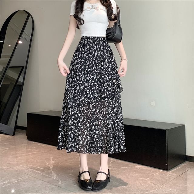 High Tiered A-Line Floral Midi Slit Skirt Rise