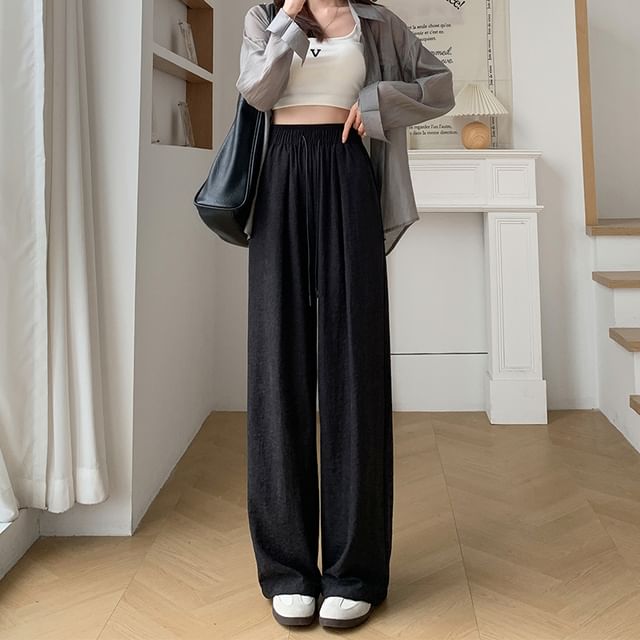 Drawstring Plain Pants Waist Wide Leg