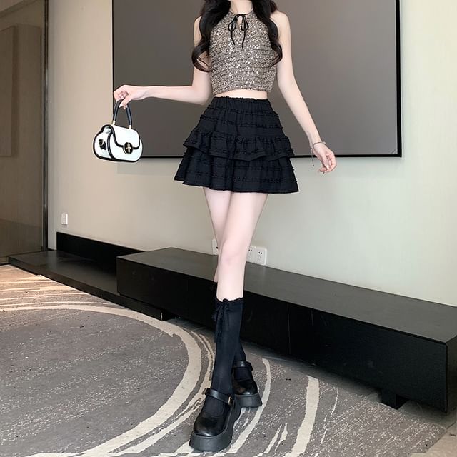 Balletcore Skirt Mini Tiered Elastic Waist A-Line Plain