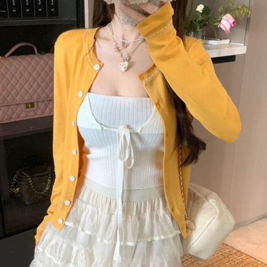 Contrast Ribbed Stitching / Top Round Plain Tank Crop Front Neck Tie Cardigan Knit