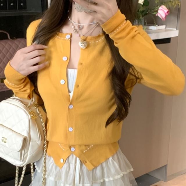 Contrast Ribbed Stitching / Top Round Plain Tank Crop Front Neck Tie Cardigan Knit