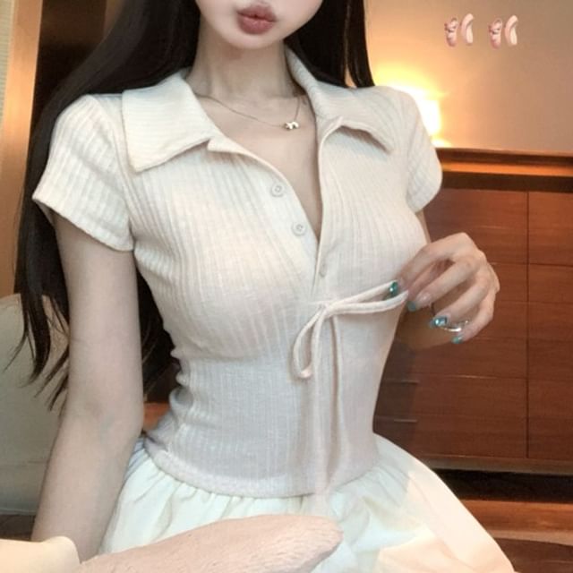 Knit Mini Bubble A-Line Mock Hem Dress Panel Short-Sleeve Ribbed Bow Two-Piece Collar