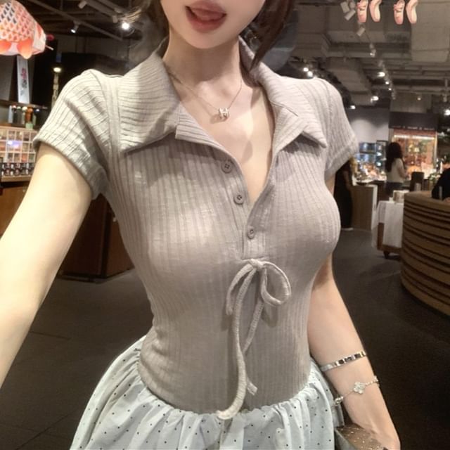 Knit Mini Bubble A-Line Mock Hem Dress Panel Short-Sleeve Ribbed Bow Two-Piece Collar