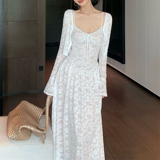 A-Line Strap Floral Dress Jacquard Spaghetti Bolero / Maxi