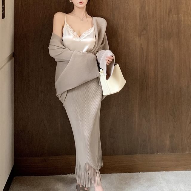 Fringe Skirt Plain Front Camisole Trim Waist Pencil Top Jacket High Open / Lace Maxi V-Neck