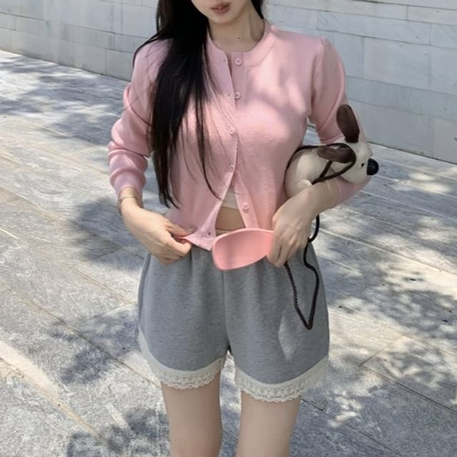 Shorts Cardigan / Round Waist High Neck Padded Camisole V-Neck Top Sweat Plain Lace Panel