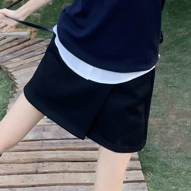 Plain Skirt Sweater A-Line High Waist Mini Short Shirt / Sleeve Neck Collared Vest Round