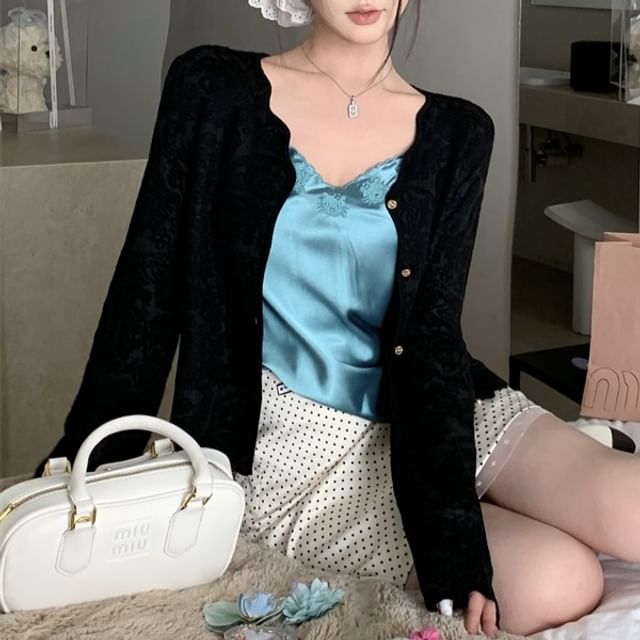 Rise Dotted Skirt Top Embroidered Pencil High Mini Satin Plain / Cami V-Neck Cardigan