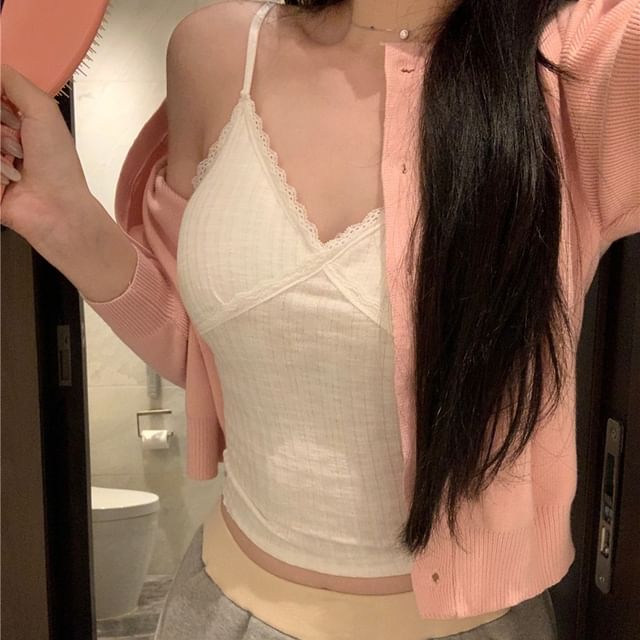 Shorts Cardigan / Round Waist High Neck Padded Camisole V-Neck Top Sweat Plain Lace Panel
