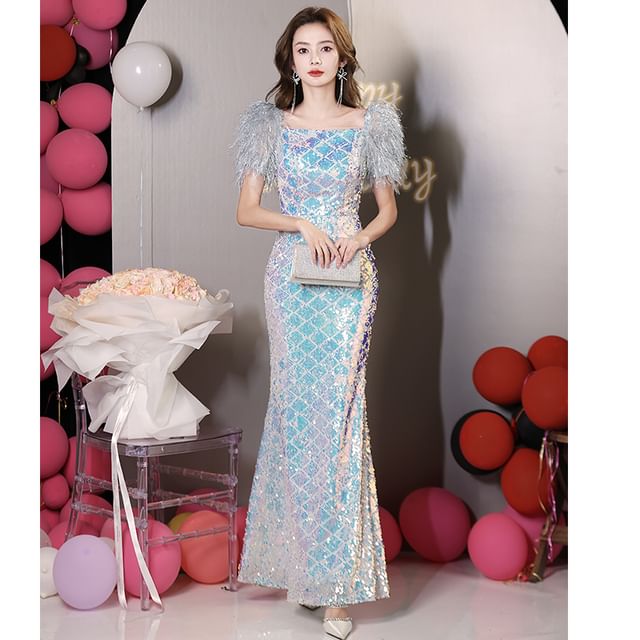 Feather Short-Sleeve Square Neck Sequined Sheath Evening Gown (Various Designs)