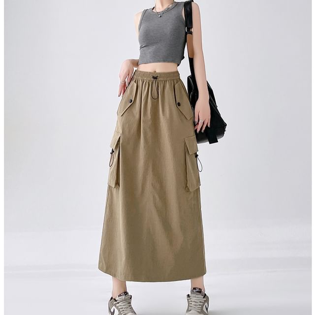 Plain Cargo Waist Drawstring Midi Skirt A-Line Slit