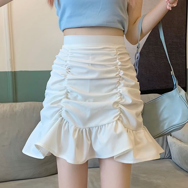 Mini Pencil Ruched Plain High Skirt Waist