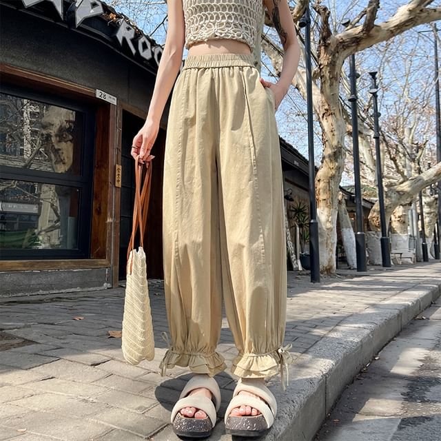 Plain Bow Trim Waist Ruffle Pants Harem Cropped Elastic