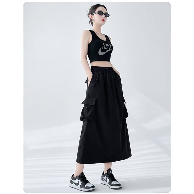 Plain Cargo Waist Drawstring Midi Skirt A-Line Slit