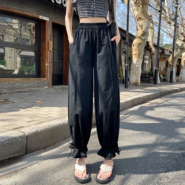 Plain Bow Trim Waist Ruffle Pants Harem Cropped Elastic