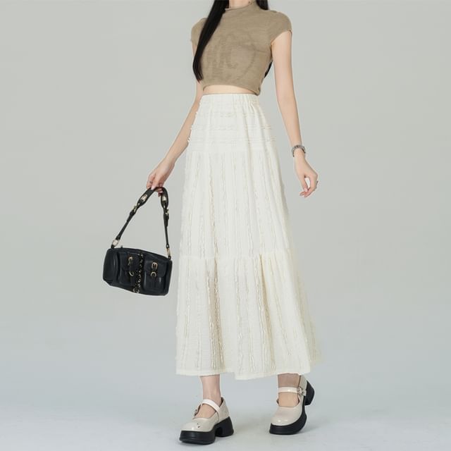Elastic A-Line Tiered Waist Plain Midi Skirt