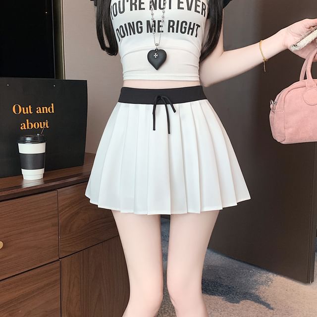 Trim Pleated A-Line Mini Waist Contrast Skirt Drawstring