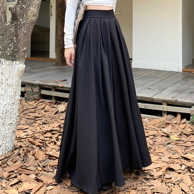 Pleated High Maxi Plain A-Line Skirt Inverted Rise