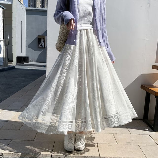 Floral Lace High A-Line Trim Waist Maxi Skirt