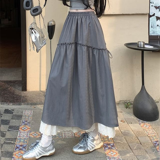 Plain Maxi Rise Skirt High Lace A-Line Trim