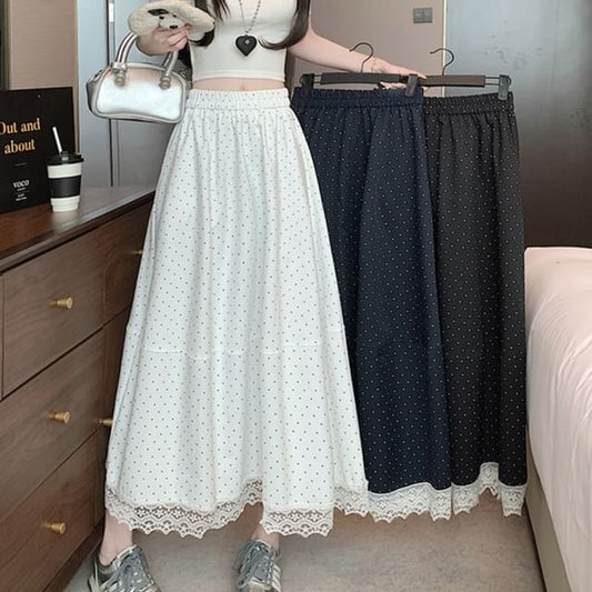 High Maxi Trim Rise Skirt Lace A-Line Dotted